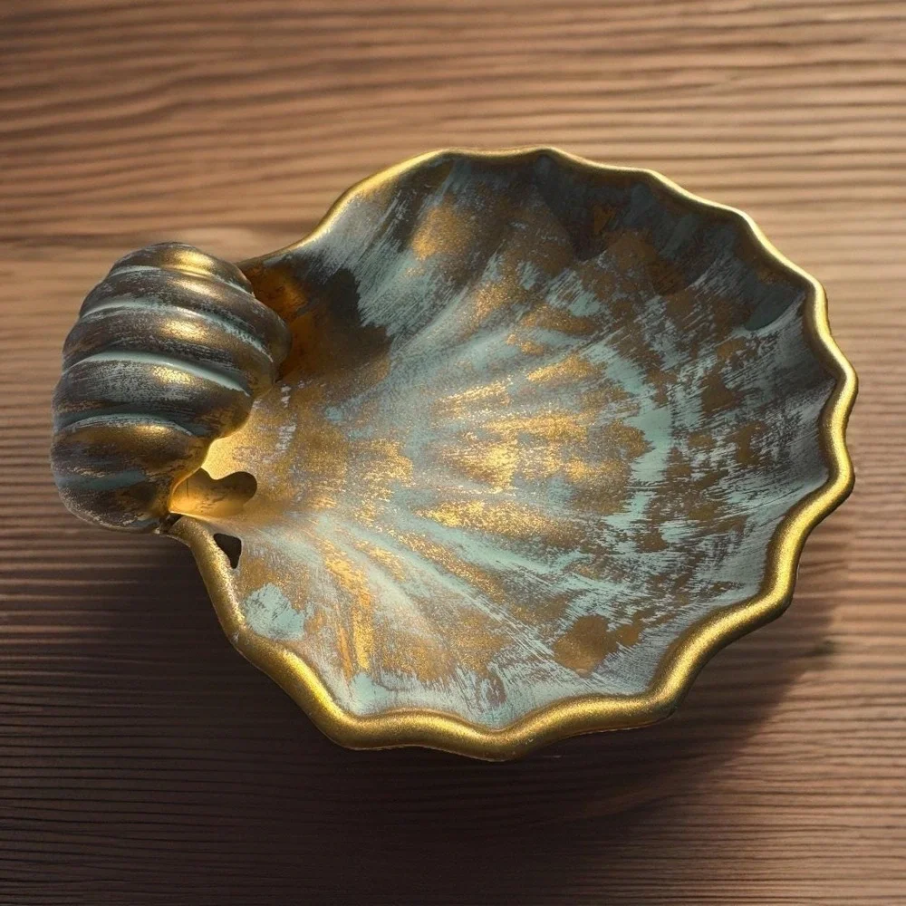 VTG Stangl Pottery #4013 Shell Dish Aqua Brown Gold Glaze MCM Trinket  Soap